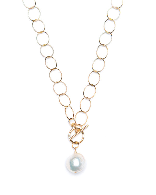 16" Front Toggle with White Baroque Pearl - 14k Gold