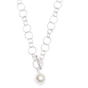 16" Front Toggle with White Baroque Pearl - Sterling Silver